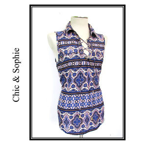 Blue Peach Pink Sleeveless Blouse